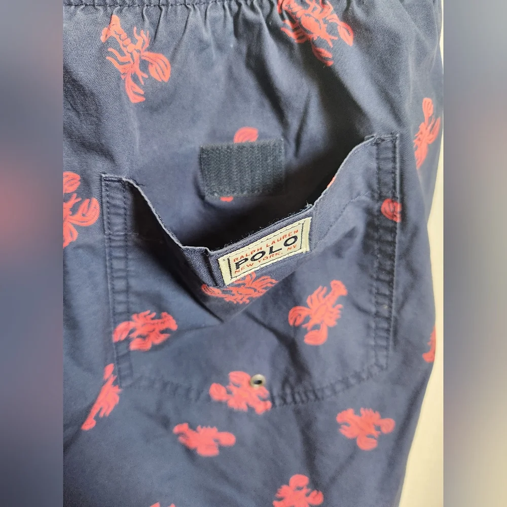 Polo by Ralph Lauren Red Lobster Print Navy Board‎ Shorts Pockets Beach Medium